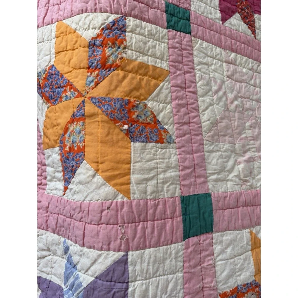 Vintage Hand Quilted Pinwheel Star Quilt 78x90 Handmade Feedsack c.1940s